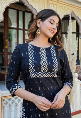Women'S Rayon Geomatrical Printed Kurti (Black) 5