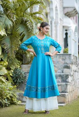Women'S Cotton Floral Printed Anarkali Kurta (Teal) 1