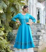 Women'S Cotton Floral Printed Anarkali Kurta (Teal)