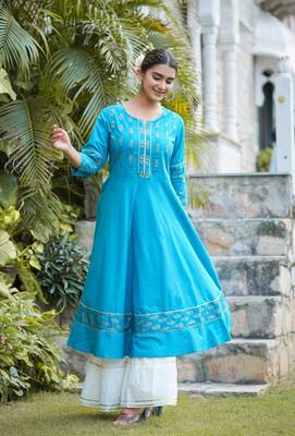 Women'S Cotton Floral Printed Anarkali Kurta (Teal) 2