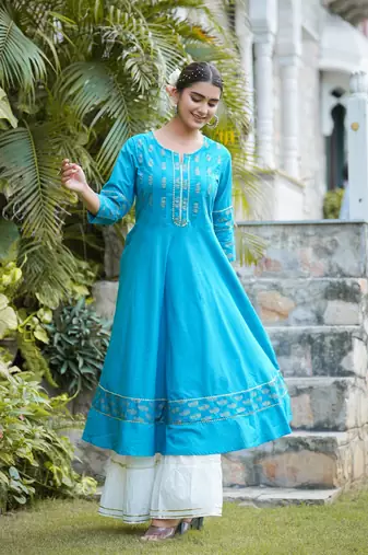 Women'S Cotton Floral Printed Anarkali Kurta (Teal)
