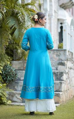 Women'S Cotton Floral Printed Anarkali Kurta (Teal) 3