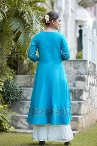Women'S Cotton Floral Printed Anarkali Kurta (Teal)
