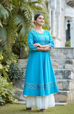 Women'S Cotton Floral Printed Anarkali Kurta (Teal) 4