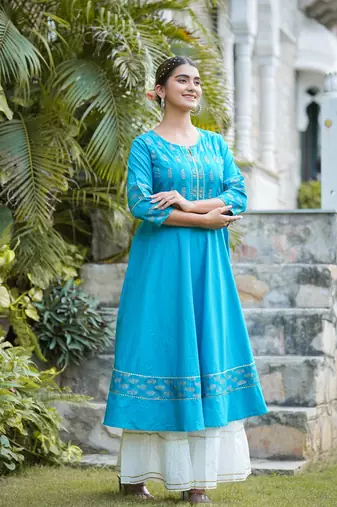 Women'S Cotton Floral Printed Anarkali Kurta (Teal)