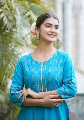 Women'S Cotton Floral Printed Anarkali Kurta (Teal) 5