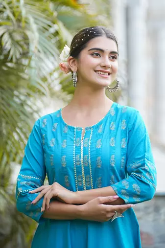 Women'S Cotton Floral Printed Anarkali Kurta (Teal)