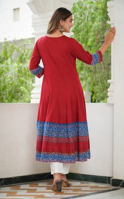Women'S Rayon Embroidered Anarkali Kurta (Maroon) 3
