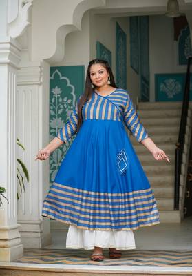 Women'S Plus Size Rayon Stripe Printed Anarkali Kurti (Blue) 1