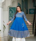 Women'S Plus Size Rayon Stripe Printed Anarkali Kurti (Blue)