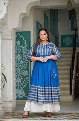 Women'S Plus Size Rayon Stripe Printed Anarkali Kurti (Blue) 2