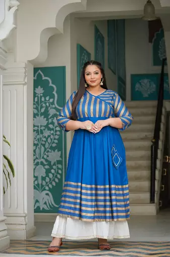 Women'S Plus Size Rayon Stripe Printed Anarkali Kurti (Blue)