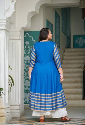 Women'S Plus Size Rayon Stripe Printed Anarkali Kurti (Blue) 3