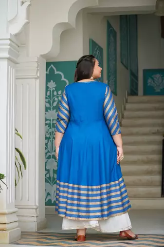 Women'S Plus Size Rayon Stripe Printed Anarkali Kurti (Blue)