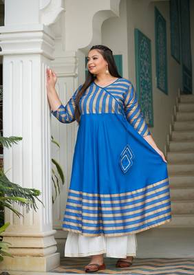 Women'S Plus Size Rayon Stripe Printed Anarkali Kurti (Blue) 4