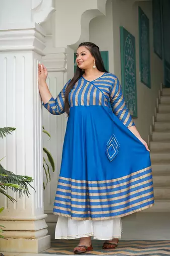 Women'S Plus Size Rayon Stripe Printed Anarkali Kurti (Blue)
