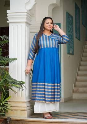 Women'S Plus Size Rayon Stripe Printed Anarkali Kurti (Blue) 5
