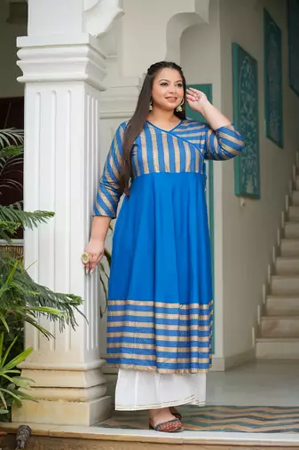 Women'S Plus Size Rayon Stripe Printed Anarkali Kurti (Blue)