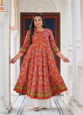 Women'S Plus Size Floral Printed Anarkali Kurti (Red) 1