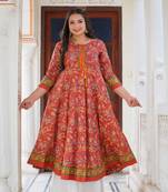 Women'S Plus Size Floral Printed Anarkali Kurti (Red)