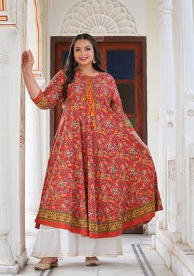 Women'S Plus Size Floral Printed Anarkali Kurti (Red) 2