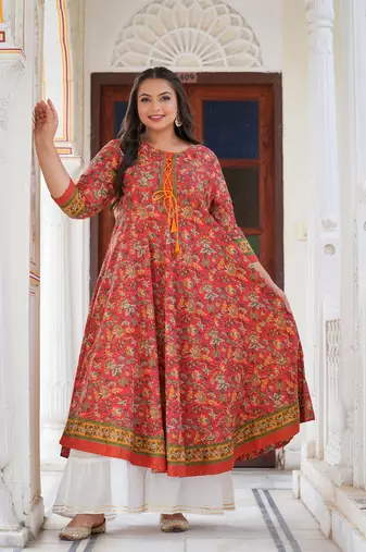 Women'S Plus Size Floral Printed Anarkali Kurti (Red)