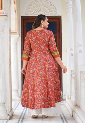 Women'S Plus Size Floral Printed Anarkali Kurti (Red) 3
