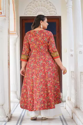 Women'S Plus Size Floral Printed Anarkali Kurti (Red)
