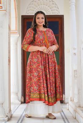 Women'S Plus Size Floral Printed Anarkali Kurti (Red) 4