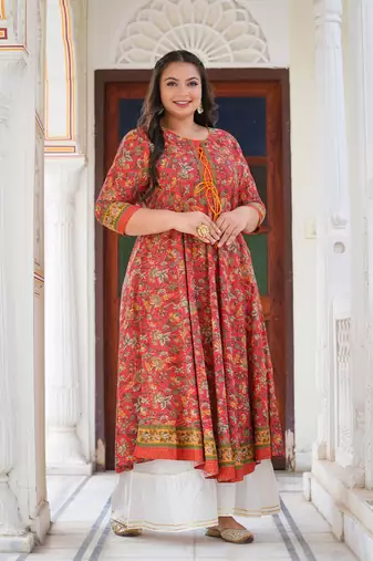 Women'S Plus Size Floral Printed Anarkali Kurti (Red)