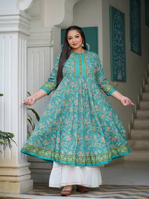 Women'S Plus Size Floral Printed Anarkali Kurti (Green) 1