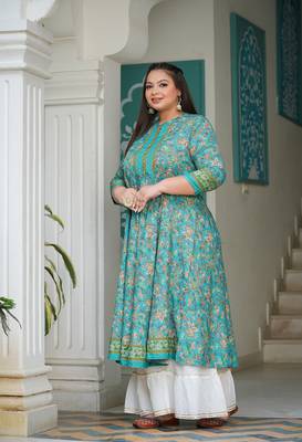 Women'S Plus Size Floral Printed Anarkali Kurti (Green) 2
