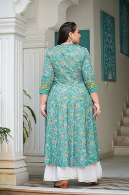 Women'S Plus Size Floral Printed Anarkali Kurti (Green) 3