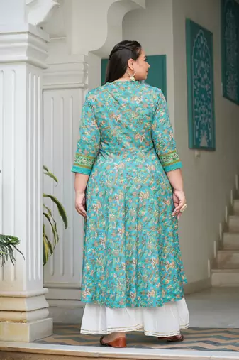 Women'S Plus Size Floral Printed Anarkali Kurti (Green)