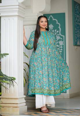 Women'S Plus Size Floral Printed Anarkali Kurti (Green) 4