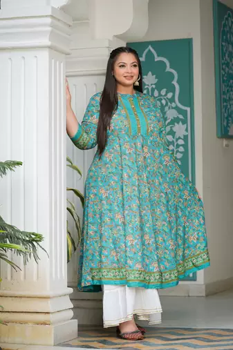 Women'S Plus Size Floral Printed Anarkali Kurti (Green)