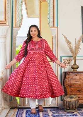 Women'S Plus Size Rayon Floral Printed Anarkali Kurti (Red) 1