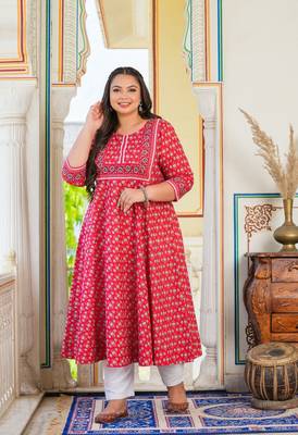 Women'S Plus Size Rayon Floral Printed Anarkali Kurti (Red) 2