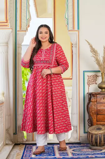 Women'S Plus Size Rayon Floral Printed Anarkali Kurti (Red)