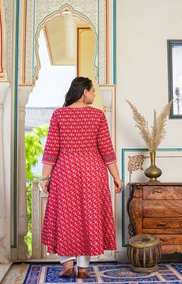 Women'S Plus Size Rayon Floral Printed Anarkali Kurti (Red) 3