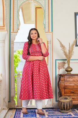 Women'S Plus Size Rayon Floral Printed Anarkali Kurti (Red) 4