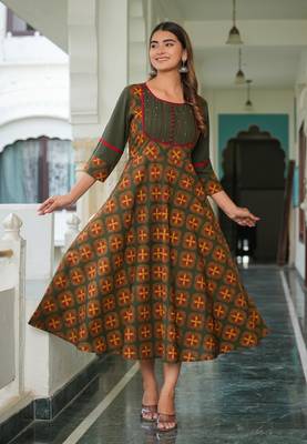 Women'S Floral Printed Pintucks Anarkali Kurta (Green) 1