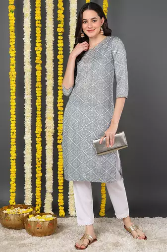 Women grey printed cotton ethnic kurti