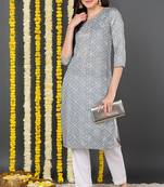 Women grey printed cotton ethnic kurti