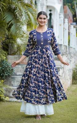 Women'S Rayon Abstract Printed Anarkali Kurta (Blue) 1