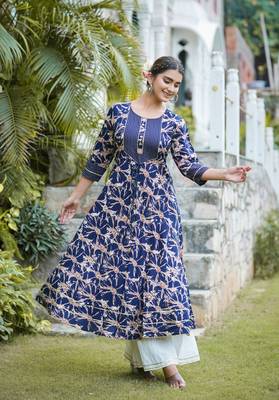 Women'S Rayon Abstract Printed Anarkali Kurta (Blue) 2