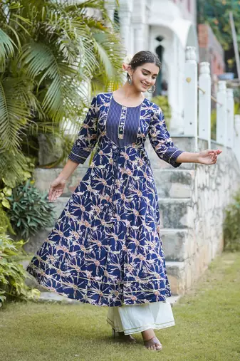 Women'S Rayon Abstract Printed Anarkali Kurta (Blue)