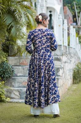 Women'S Rayon Abstract Printed Anarkali Kurta (Blue) 3