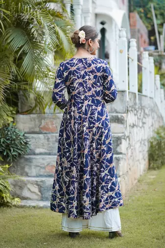 Women'S Rayon Abstract Printed Anarkali Kurta (Blue)
