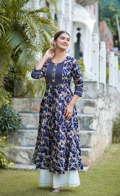 Women'S Rayon Abstract Printed Anarkali Kurta (Blue) 4
